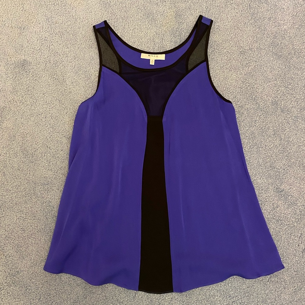 Milly blue and black sheer neck top